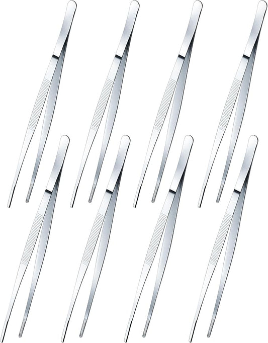 Yaomiao 8 Packs 8 Inch Bar Tweezers Silver Cocktail Tongs Long Garnish Tweezers Stainless Steel Bartender Kitchen Cooking Tongs for Cocktail Food Fruit Korean BBQ Bartender Chef, Multi-use