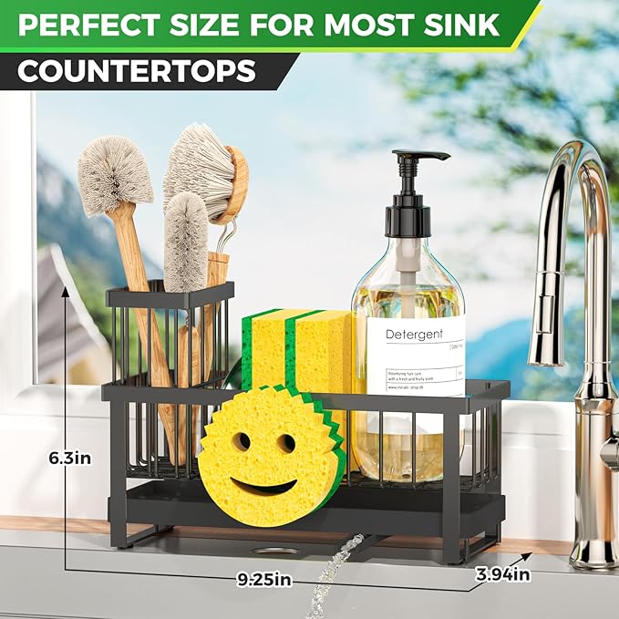 Sponge Holder for Kitchen Sink,Sink Caddy with Removable Dish Brush Holder,Self-Draining Kitchen Countertop Organizers and Storage Essentials,Soap Dispenser Organize and Home Decor-Black - Image 2
