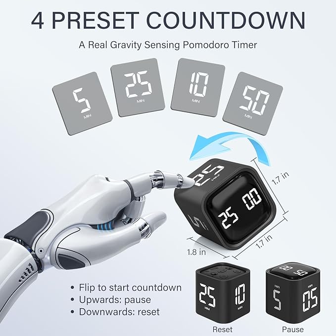 Rotating Pomodoro Timer 5, 25, 10 50 Minutes Preset, Desk Productivity Flip Timer, ADHD Tool Cube Countdown Stopwatch, Vibration/High/Low Volume/Custom Modes, for Work, Study, Back to School, Kitchen - Image 2