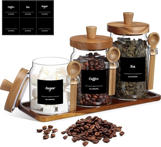 Suclain 3 Pcs Glass Coffee Container with Wooden Lid Spoon Shelf Labels Clear Airtight Jar Food Storage Canister Set for Sugar Spice Coffee Bean Holder Housewarming Gift(13.5,20,25 oz,Acacia Brown) by Suclain