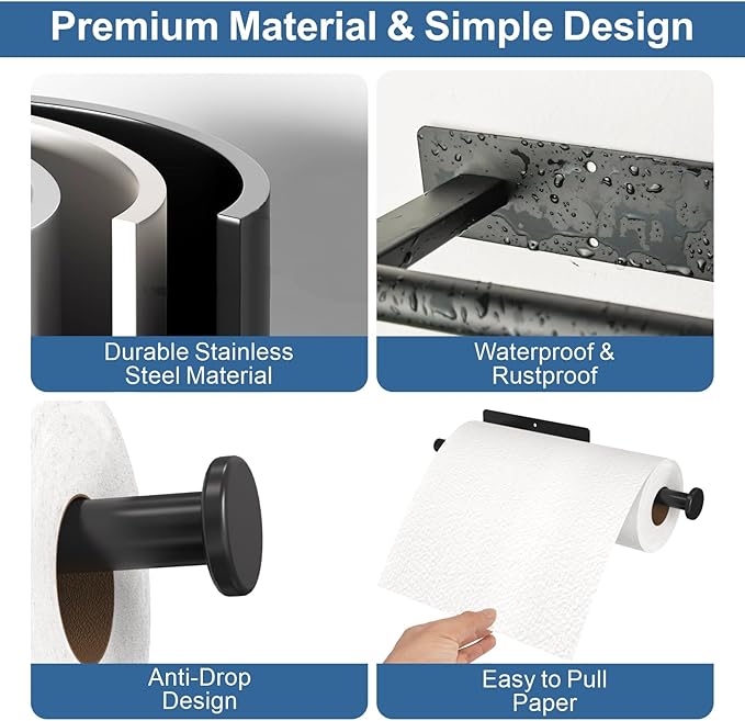 CUXIXA Paper Towel Holder Under Cabinet, Upgraded Self Adhesive Paper Towel Holder Wall Mount for Kitchen, Bathroom, RV, Bend-Resistant, Self-Adhesive or Drill mounting - Image 4