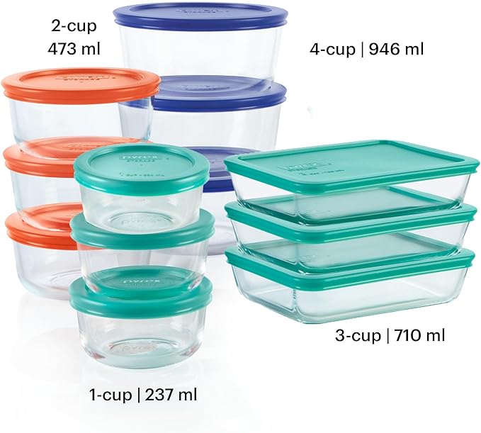 Pyrex Simply Store (12-Pack) Glass Food Storage Containers Set, (1, 2, & 3 Cup) Meal Prep Containers with Plastic BPA-Free Lids, Dishwasher & Microwave Safe - Image 2