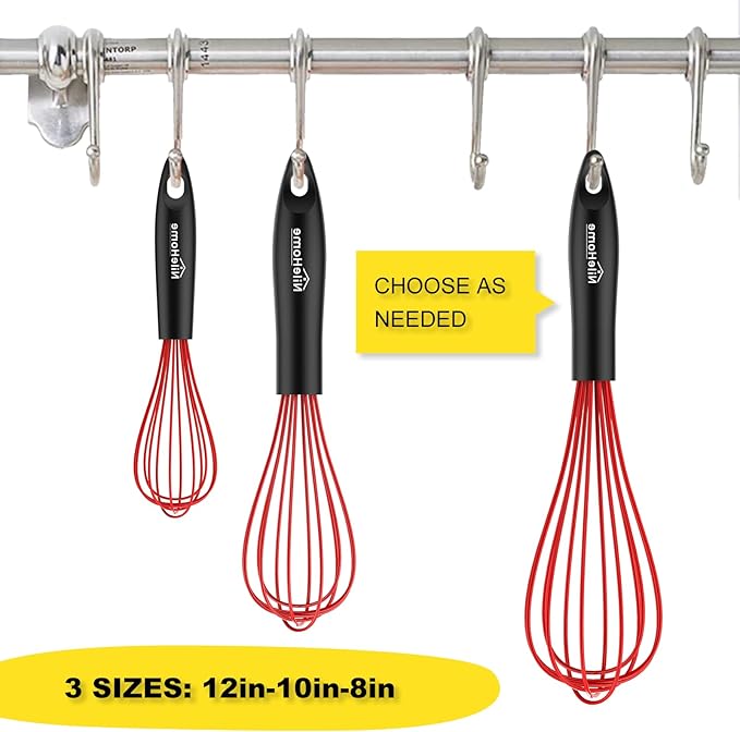 NileHome Silicone Whisk Set 8" 10" 12", 3 Pack Kitchen Whisk Kitchen Wisk Wire Whisks for Cooking, Whisking, Blending, Beating, Stirring-Red - Image 2