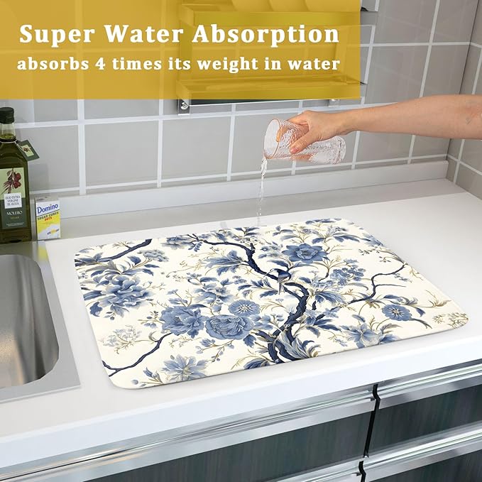 Chinoiserie Trees Dish Drying Mat for Kitchen Counter,Bule Birds Flowers Drying Mat 18 x 24 Inch with Absorbent Reversible Microfiber Drying Pad for Coffee Bar - Image 7