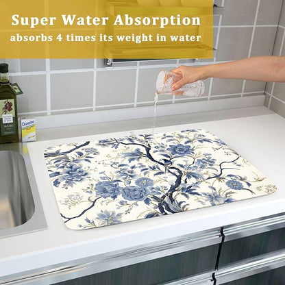 Chinoiserie Trees Dish Drying Mat for Kitchen Counter,Bule Birds Flowers Drying Mat 18 x 24 Inch with Absorbent Reversible Microfiber Drying Pad for Coffee Bar - Image 7