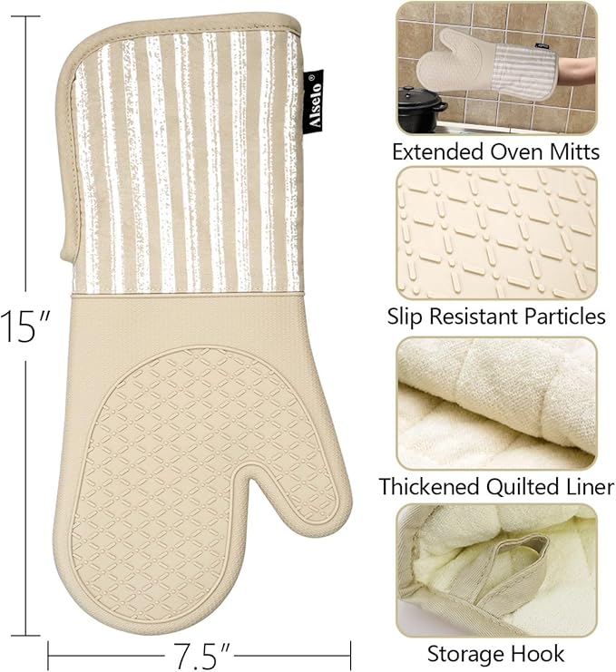 Alselo Silicone Oven Mitts Heat Resistant 932℉ with Waterproof & Non-Slip Kitchen Mittens, Set of 2 Extra Long Oven Gloves with Soft Cotton Terry Lining for Baking Cooking Barbecue (Khaki, 2) - Image 2
