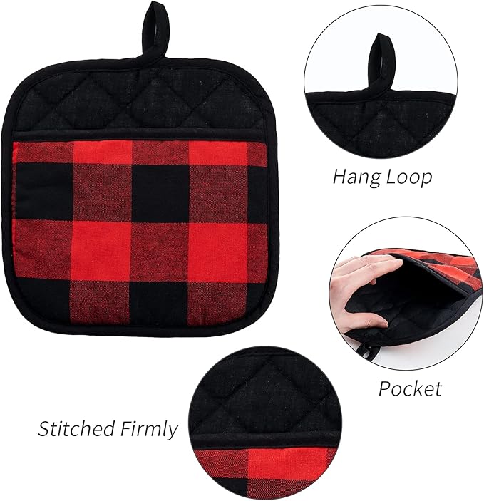 Joyhalo 4 Pack Pot Holders for Kitchen,Cotton Oven Holder with Great Heat Resistance,Non Slip Hot Pads for Kitchen Clearance,Black and Red - Image 3