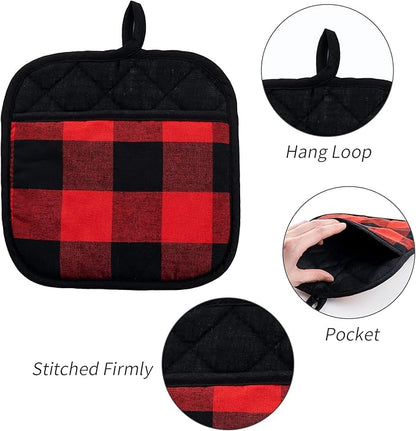 Joyhalo 4 Pack Pot Holders for Kitchen,Cotton Oven Holder with Great Heat Resistance,Non Slip Hot Pads for Kitchen Clearance,Black and Red - Image 3
