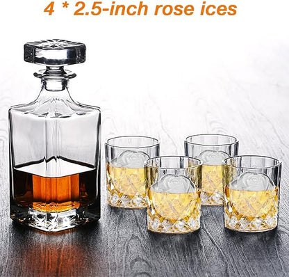 CAMKYDE Rose Ice Cube Tray 2.5 Inch [1 Mold + 1 Funnel + 4 Stoppers], 4 Cavity Silicone Rose Ice Cube Mold for Whiskey, Chilling Cocktails, Bourbon, Juice (Blue)