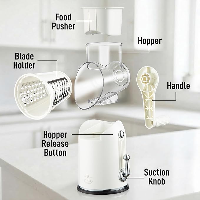 Zulay Kitchen Rotary Cheese Grater 5 Blade Cheese Shredder - Manual Hand Crank Cheese Grater With Reinforced Suction & 5 Interchangeable Drums - Easy to Use, Vegetable Chopper Round Mandoline Slicer - Image 9