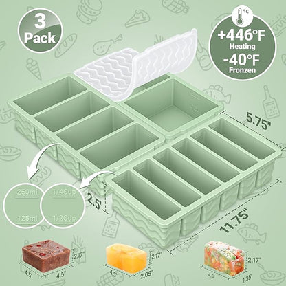 Doasuwish 3-Pack Silicone Freezer Trays with Lid,2 Large 2-Cup(500ml)&4 Medium 1-Cup(250ml)&6 Small 1/2-Cup(125ml) Soup Freezer Container Molds,Ice Cube Tray For Meal Prep&Freezing Soup,Stews,Sauces