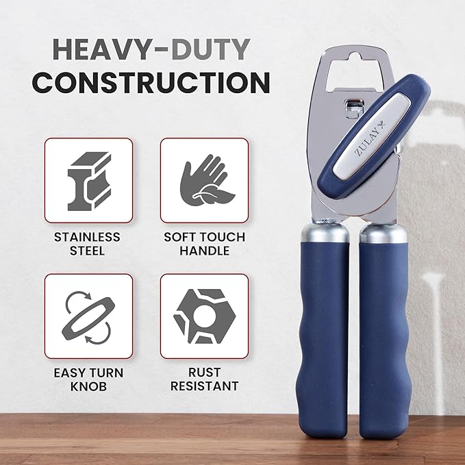 Zulay Kitchen Heavy Duty Stainless Steel Can Opener Manual with Bottle Opener - Rust Proof Manual Can Opener With Turn Knob & Comfy Soft Grip Handles - Blue - Image 3