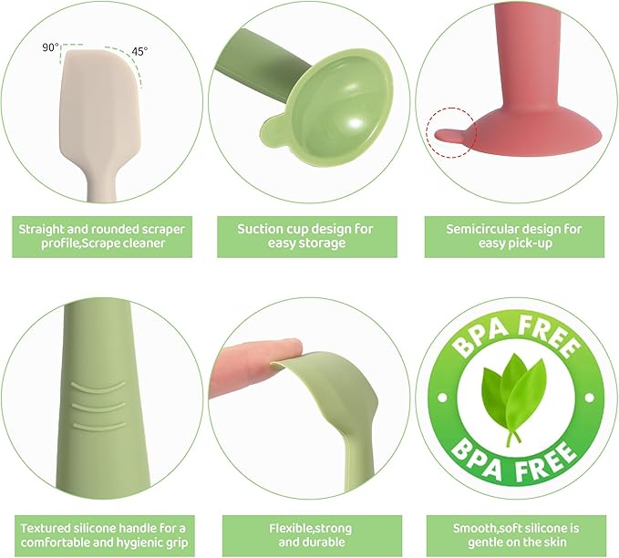 Baby Diaper Cream Spatula 3 Pack Diaper Spatulas Soft Silicone Diaper Cream Applicator Baby Butt Paste Spatula Brush with Suction Base,Full Size(Gray+Off-white+Green - Image 5