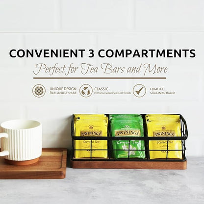 WILDMOS Tea Bag Organizer,Iron Wire Basket with Wooden Base.Tea Storage Containers with 3 Slots,Sugar Packet,Tea Bar Accessories for Countertop Cabinet Drawer. - Image 4