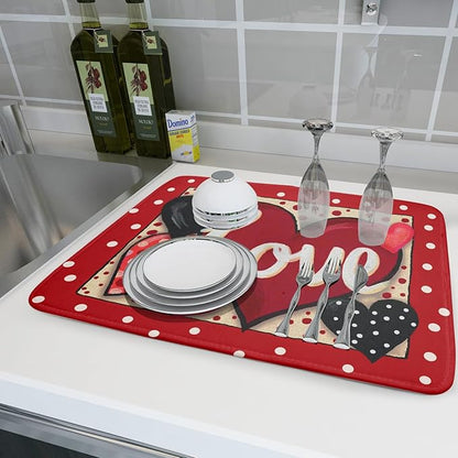 Love Heart Dish Drying Mat 18"x24" Red Dots Microfiber Dish Rack Mat Holiday Absorbent Fast Dry Draining Pad for Kitchen Counter Bar Sinks