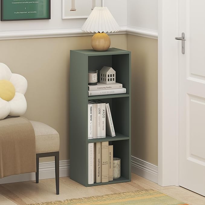 Furinno LUDER Book Shelf, 3-Cube Bookshelf, Bookcase with Open Shelves, 9.3 x 12 x 31.5, Easy Assembly, for Living Room, Bedroom, Home Office, Sage Green - Image 2