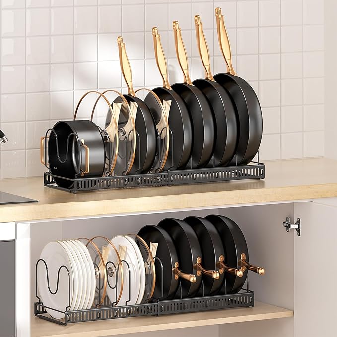 MUDEELA 2 Pack Pots and Pans Organizer Rack for under Cabinet, Expandable Pot Lid Kitchen Cabinet Organizer Holder with 10 Adjustable Compartment Cutting Board Organizer for Pan Lid, Bakeware Sheet - Image 8