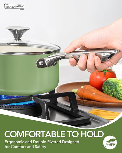 MICHELANGELO Pots and Pans Set Non Stick - Titanium Cookware Set Non Toxic Ceramic Coating, 8-Pcs Nonstick Pots and Pans with Ergonomic Handle, Dishwasher Safe & Induction Compatible, Green - Image 6