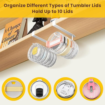 2 Pack Tumbler Lid Organizer, Under Cabinet Cup Lid Holder for Yeti Insulated Mug/Stanley Insulated Mug/Simple Modern Insulated Mug Lid, No Gluing, No Drilling, Up to 10 Lids (White) - Image 5
