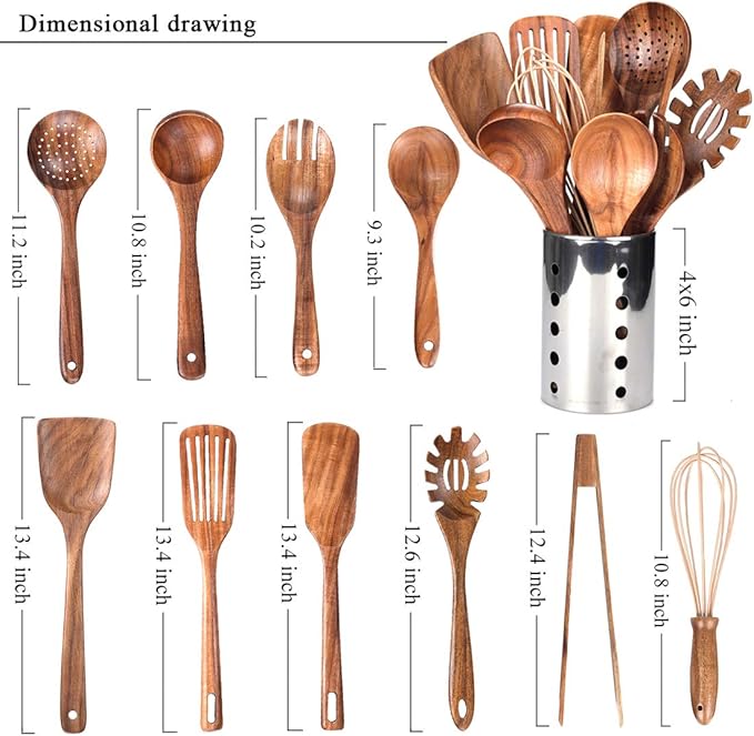 Kitchen Utenails Set with Holder,Kitchen Wooden Utensils for Cooking, Wood Utensil Natural Teak Wood Spoons for Cooking,Wooden Kitchen Utensil Set With Spatula and Ladle (11) - Image 2