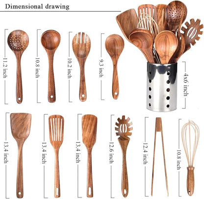 Kitchen Utenails Set with Holder,Kitchen Wooden Utensils for Cooking, Wood Utensil Natural Teak Wood Spoons for Cooking,Wooden Kitchen Utensil Set With Spatula and Ladle (11) - Image 2