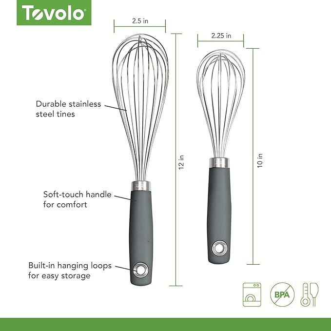 Tovolo Wire Whisk Set of 2 for Baking Cooking Mixing Whisking, 10" & 12" Inch Stainless Steel Wire Kitchen Whisk Set Balloon Design Sturdy Comfort Grip Handle BPA Free Dishwasher Safe, Charcoal Gray - Image 5
