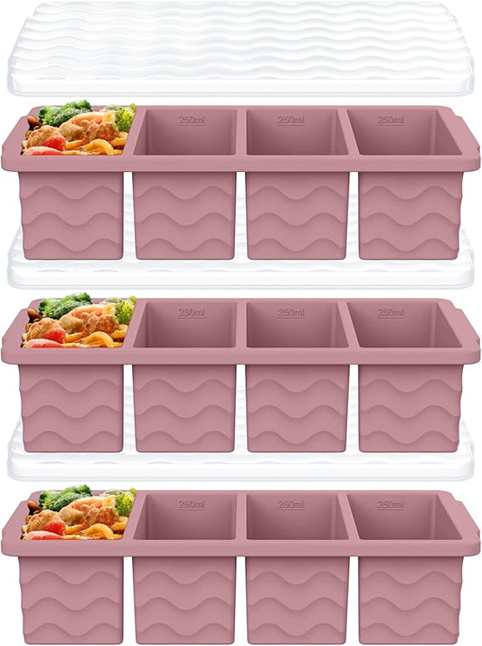 3-Pack Silicone Freezer Trays with Lid, Soup Freezer Container Molds, Silicone Freezer Molds, Ice Cube Tray for freezing Soup Sauce Broth Leftovers, Dishwasher & Oven Safe, BPA Free (1-cup,purple)