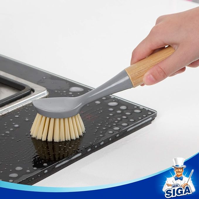 MR.SIGA Dish Brush with Bamboo Handle Built-in Scraper, Scrub Brush for Pans, Pots, Kitchen Sink Cleaning, Pack of 2 - Image 5