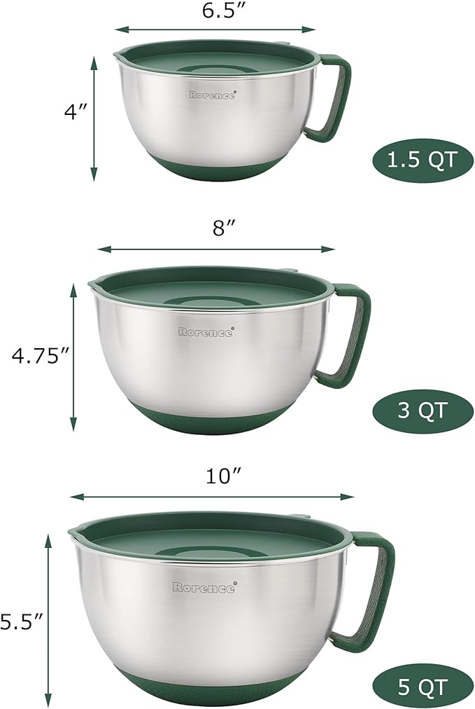Rorence Mixing Bowls Set: Stainless Steel Non-Slip Bowls with Pour Spout, Handle and Lid - Set of 3 - Green - Image 2