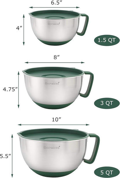 Rorence Mixing Bowls Set: Stainless Steel Non-Slip Bowls with Pour Spout, Handle and Lid - Set of 3 - Green - Image 2