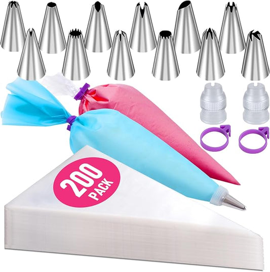 200Pcs Piping Bags and Tips Set, 12 Inch Pastry Bags, Cakes Decorating Kit Supplies, Icing Bags Disposable with 1 Reusable Piping Bags, 12 Frosting Tips, 2 Couplers, 2 Bag Ties by Wddeevoi