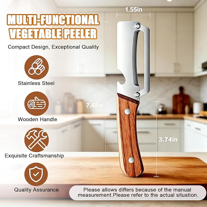 Premium Vegetable Peeler with Wooden Handle and Bottle Opener, 2-in-1 Multi-Functional Stainless Steel Kitchen Tool for Apple Potato Carrot Pumpkin Papaya(1PCS)