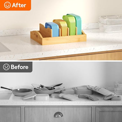 Lifewit Bamboo Lid Organizers for Inside Cabinet, Food Storage Container Lid Holder with 4 adjustable Inserts & 5 Sections, Kitchen Pantry organizer and storage, 10.6" X 8.3" - Image 8