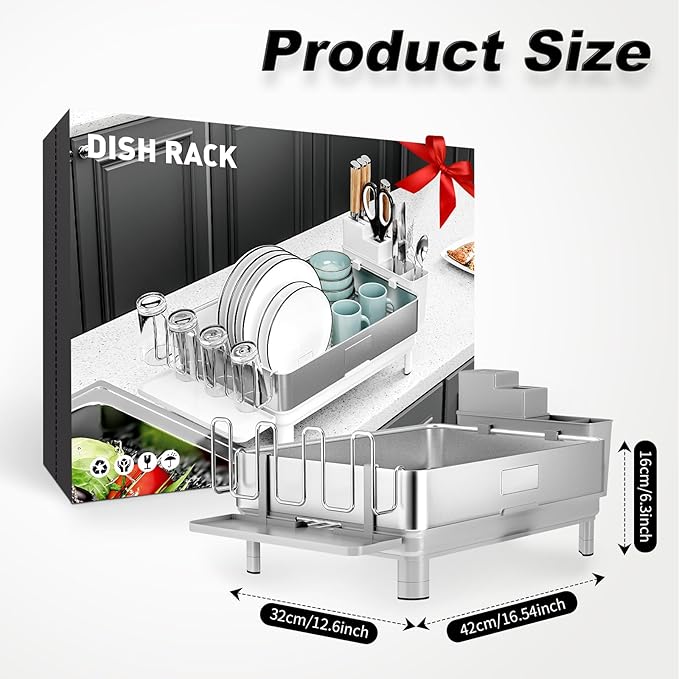 Ewaiira Dish Drying Rack, 304 Stainless Steel Dish Racks for Kitchen Counter, Dish Drainers with Automatic Drainage, Utensil Holder & Cups Holder, Space Saving Kitchen Organizer, Gray - Image 3