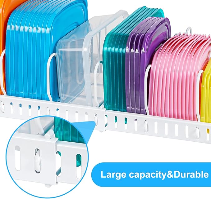 X-cosrack Expandable Food Container Lid Organizer,Large Capacity Adjustable 10 Dividers Detachable Lid Organizer Rack for Cabinets, Cupboards, Pantry Shelves, Drawers to Keep Kitchen Tidy,White - Image 7