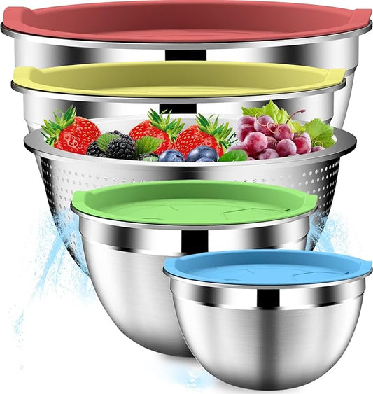 DUTZUN Mixing Bowls with Strainer, Mixing Bowl with Lids Set, Stainless Steel Mixing Bowls, Kitchen Gadgets Salad Bowls with Strainer for Mixing & Preping & Serving, Multicolor by DUTZUN