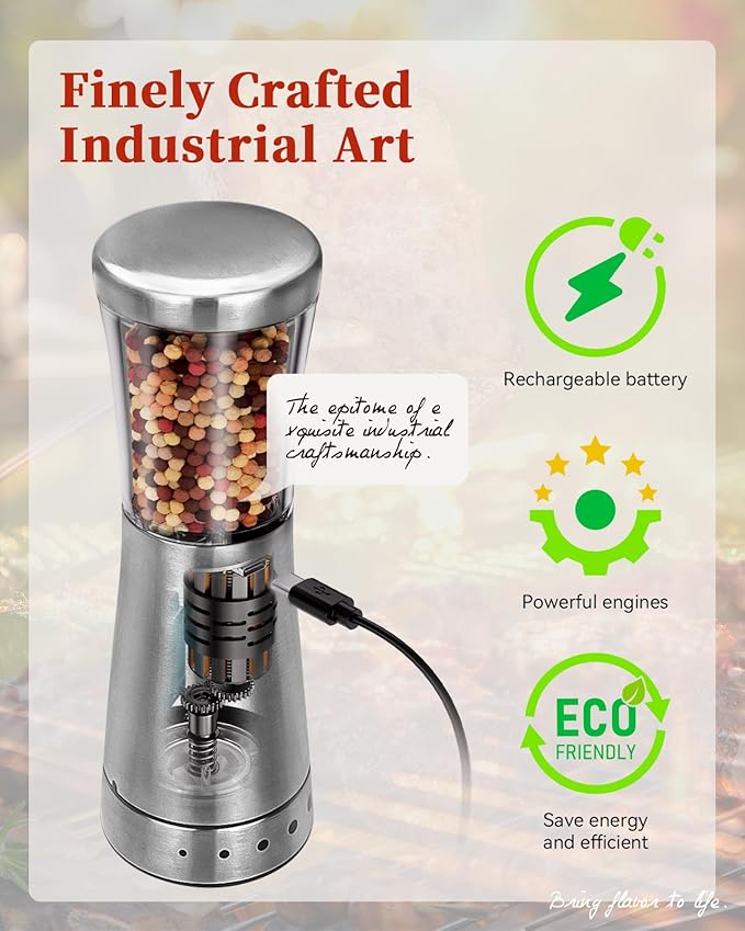 Electric Salt and Pepper Grinder Set with Storage Base, Stainless Steel Rechargeable Salt and Pepper Grinder Set with 4.5 oz Large Capacity, 1.8" Wide Mouth, Adjustable Coarseness, Ideal for Kitchen - Image 4