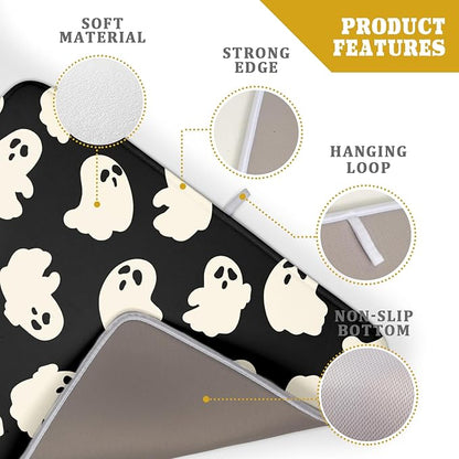 Halloween Ghost Dish Drying Mat 16X18 Inch Spooky Halloween Drying Mat for Kitchen Counter Black White Absorbent Microfiber Reversible Dishes Pad Dish Drainer Mat for Halloween Kitchen Accessories