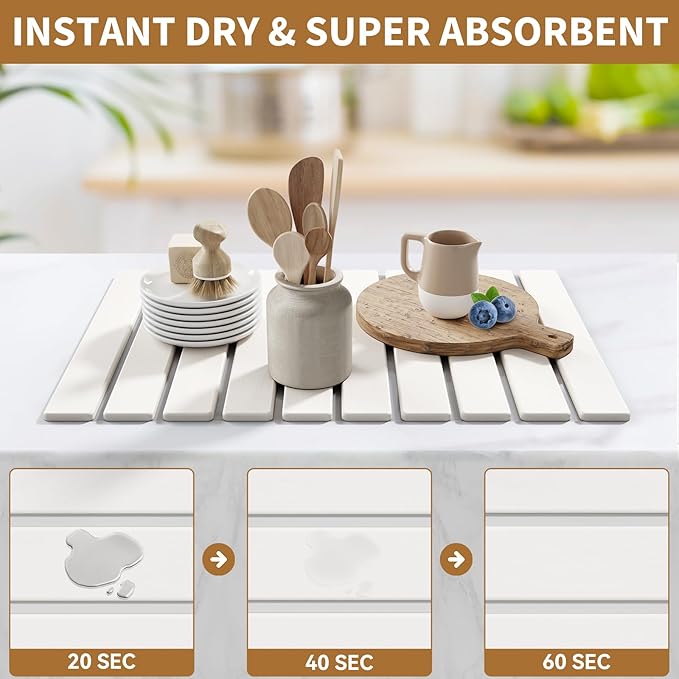 Large Stone Dish Drying Mat for Kitchen Counter,23.6''x15.3'' Foldable Quick Dry Stone Kitchen Mat,Eco-Friendly,Absorbent Diatomaceous Earth Mats for Dishes Bottles Cups Bathroom Any Countertop-White - Image 3