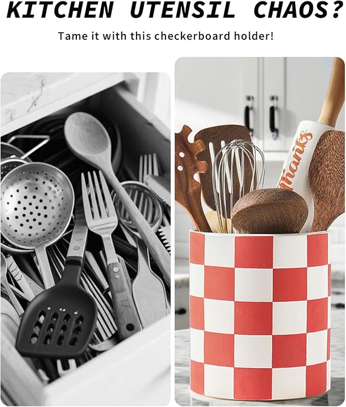 Utensil Holder，7.1"+5.8" Ceramic Kitchen Utensil for Counter top, Checkered Cooking Utensil Holder for Spatula & Spoon, Kitchen Decor, Set of 2 (Red Checkered) - Image 3