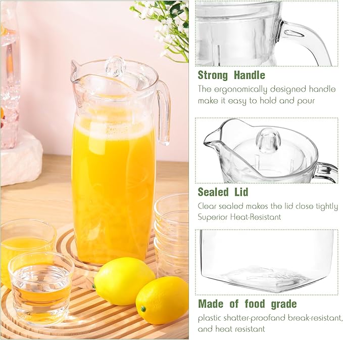 Didaey 4 Pcs Acrylic Water Pitcher with Lid, Spout Handle Clear Plastic Pitcher Heat Resistant Carafe Unbreakable Beverage Container Fridge Jug for Juice Ice Tea Sangria Lemonade(44 oz,Diamond)