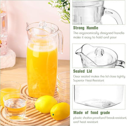 Didaey 4 Pcs Acrylic Water Pitcher with Lid, Spout Handle Clear Plastic Pitcher Heat Resistant Carafe Unbreakable Beverage Container Fridge Jug for Juice Ice Tea Sangria Lemonade(44 oz,Diamond)