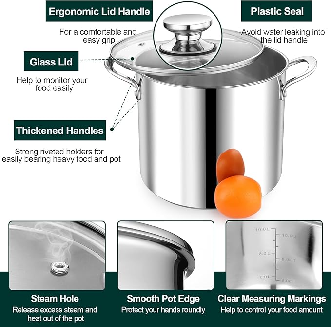 P&P CHEF 10 Quart Stainless Steel Stock Pot with Lid, Large Stockpot for Cooking Pasta Soup, Cookware for Induction Gas Electric Stoves, Visible Lid & Measuring Markings, Dishwasher Safe - Image 3
