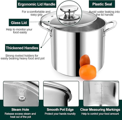 P&P CHEF 10 Quart Stainless Steel Stock Pot with Lid, Large Stockpot for Cooking Pasta Soup, Cookware for Induction Gas Electric Stoves, Visible Lid & Measuring Markings, Dishwasher Safe - Image 3