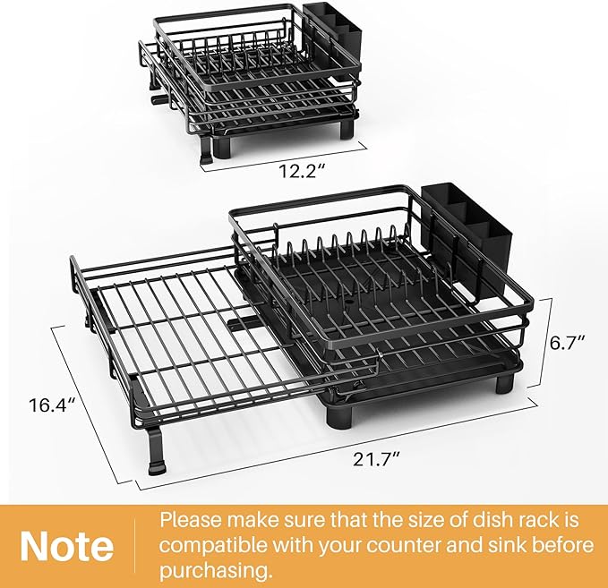 SNTD Dish Drying Rack - Extendable Dish Rack, Large Sink Drying Dish Drainer for Kitchen Counter, Stainless Steel Dish Strainer with Utensil Holder (Black) - Image 6