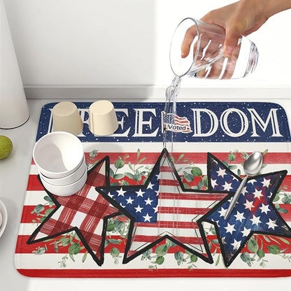 4th of July Dish Drying Mat 24x18 Inch, Patriotic Drying Mat with Absorbent Reversible Microfiber, Independence Day Dish Drainer Mats Memorial Day Rack Pad for Coffee Countertop Kitchen Protector