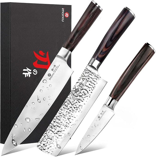 imarku 3 Pieces Knife set, Japanese HC Stainless Steel Kitchen Knife Set, Professional Chef Knife Set With Ergonomic Pakkawood Handle, Ultra Sharp Knives Set for Kitchen & Home Cooking, Gifts Box by imarku