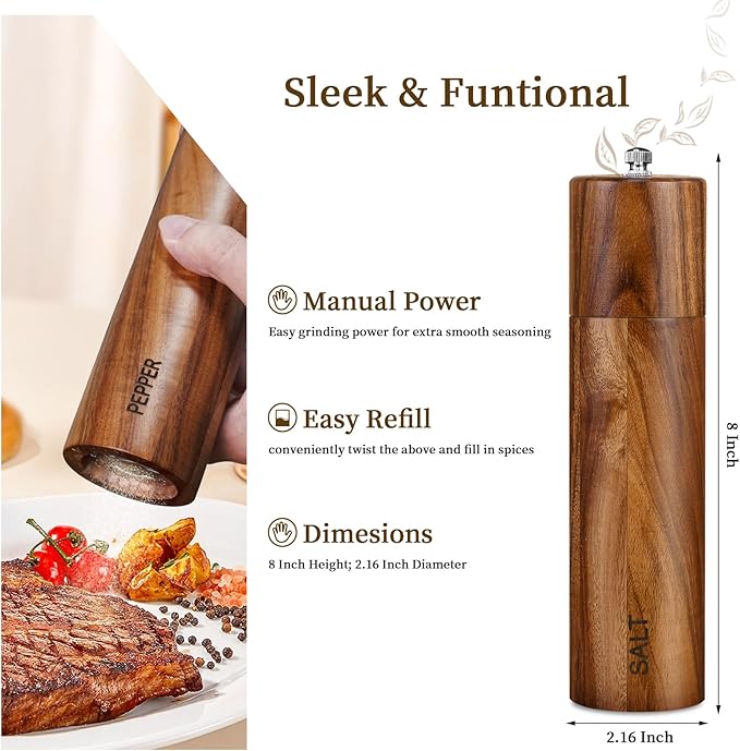 XWXO 2 Pack Acacia Wooden Salt and Pepper Grinder Set 8 Inches Refillable Salt and Pepper Mills Adjustable Coarseness, Acacia Wood with Ceramic Core Peppercorn Shaker Tableware Birthday Gifts - Image 2