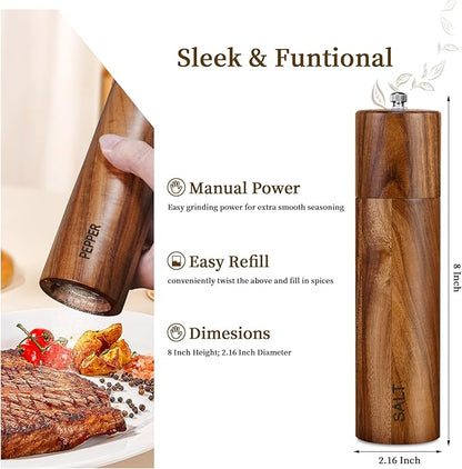 XWXO 2 Pack Acacia Wooden Salt and Pepper Grinder Set 8 Inches Refillable Salt and Pepper Mills Adjustable Coarseness, Acacia Wood with Ceramic Core Peppercorn Shaker Tableware Birthday Gifts - Image 2