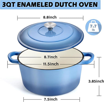 TeamFar 3qt Dutch Oven, Small Enameled Cast Iron Dutch Oven Pot with Lid, For Bread Baking/Stewing/Braising/Frying, Various Stoves & Oven Safe, Non-stick & Easy Clean, Blue - Image 2